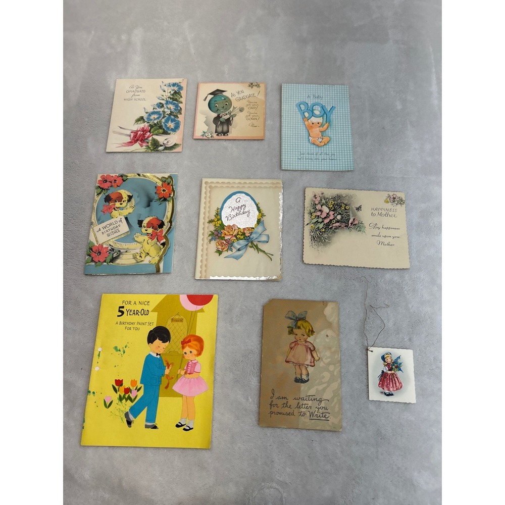 Vintage Greeting Card Lot 9 Mid Century Birthday Graduation Baby‎ Kitsch Retro